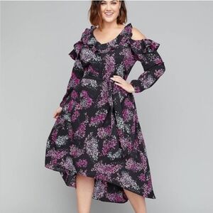 NWT Lane Bryant Cold Shoulder Ruffle Belted Hi-Low Midi Dress Black Pink Size 24